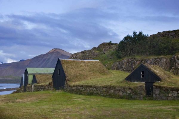 Iceland, Borgarnes Sod-roofed sheds